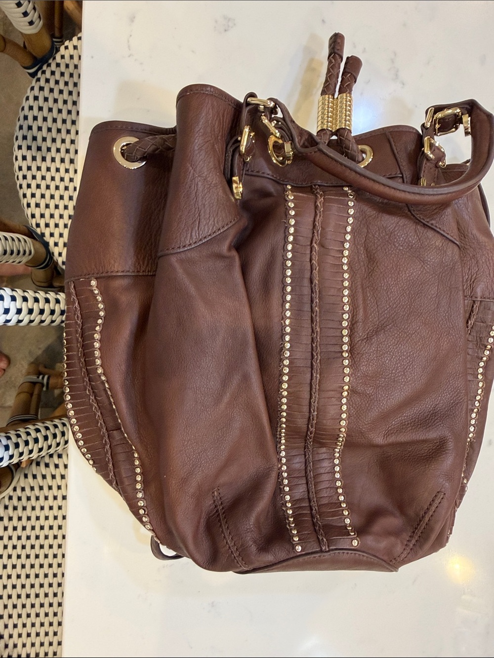 Rebecca Minkoff Brown Leather Studded Drawstring Shoulder Bag
